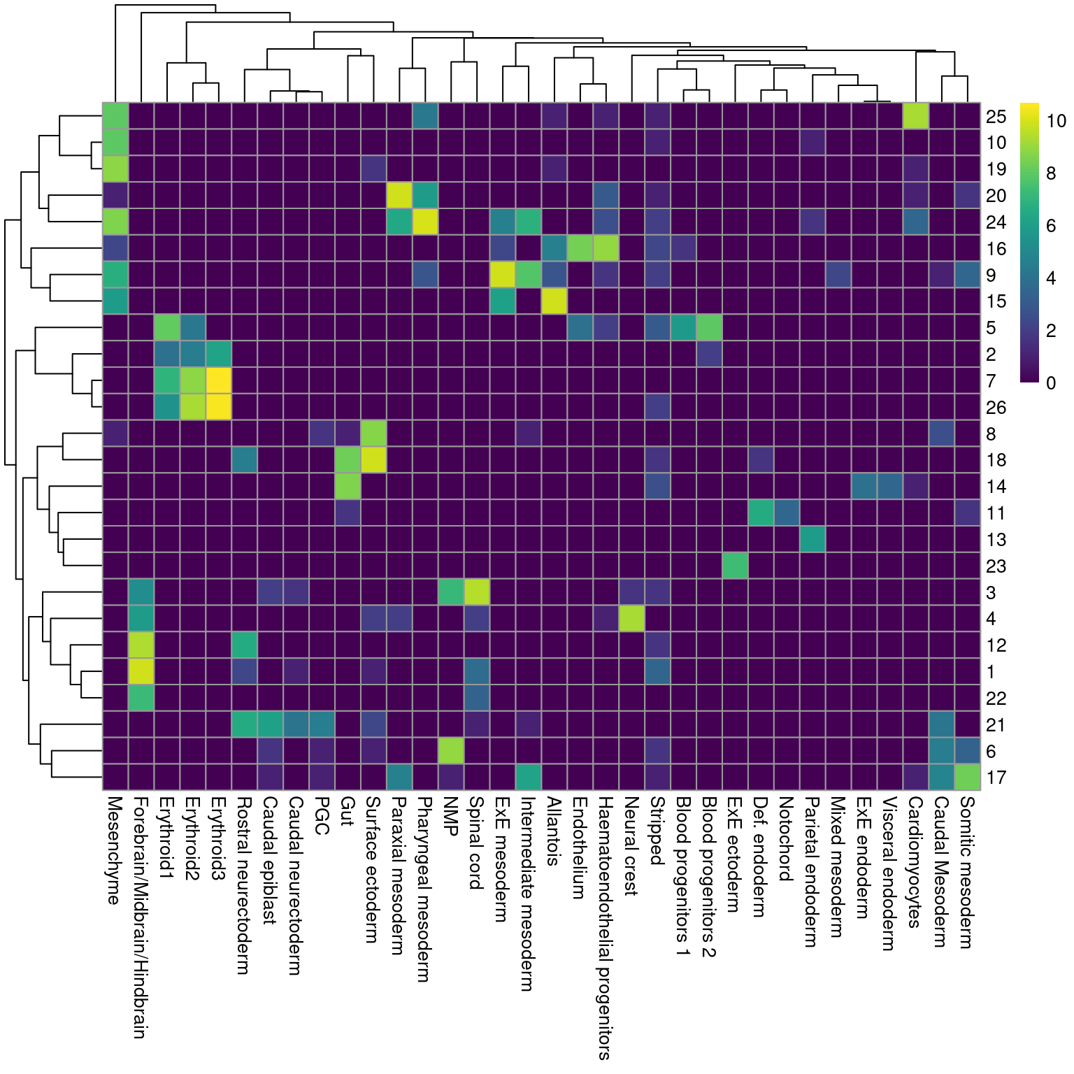 Heatmap showing the abundance of cells with each combination of cluster (row) and cell type label (column). The color scale represents the log~2~-count for each combination.