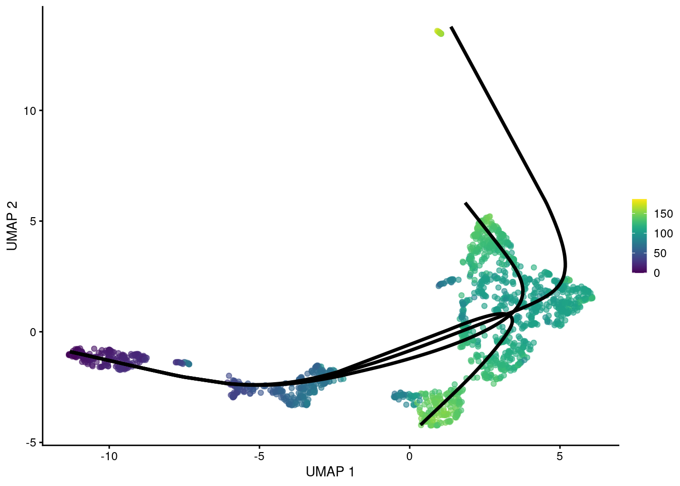 UMAP plot of the Nestorowa HSC dataset where each point is a cell and is colored by the average _slingshot_ pseudotime across paths. The principal curves fitted to each lineage are shown in black.