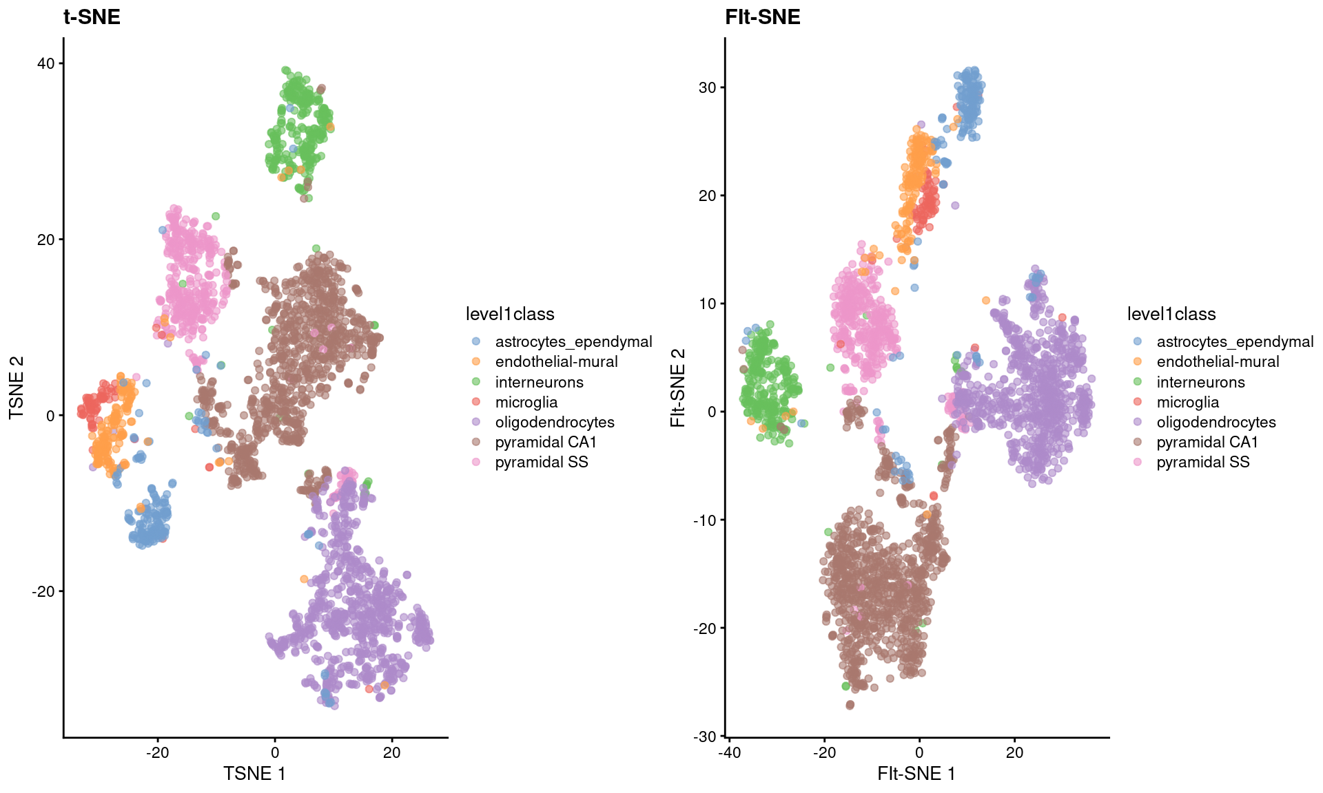 FI-tSNE embedding and Barnes-Hut $t$-SNE embeddings for the Zeisel brain data.