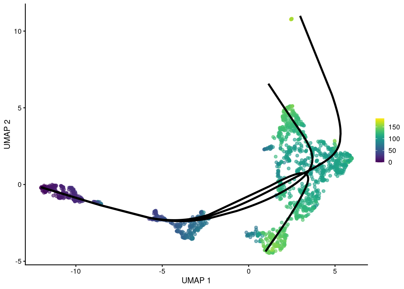 UMAP plot of the Nestorowa HSC dataset where each point is a cell and is colored by the average _slingshot_ pseudotime across paths. The principal curves fitted to each lineage are shown in black.