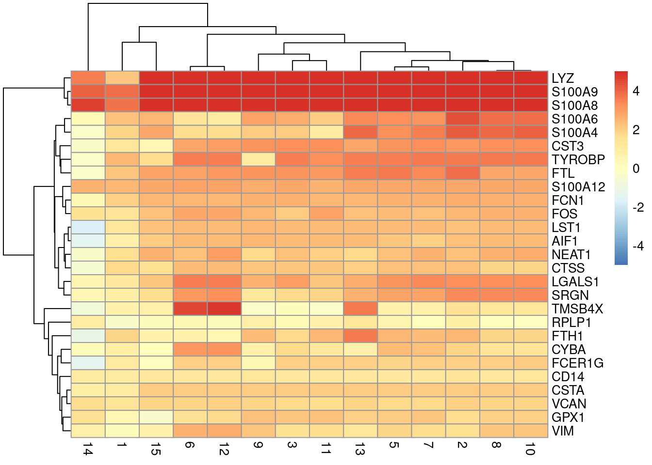 Heatmap of log~2~-fold changes for the top marker genes (rows) of cluster 4 compared to all other clusters (columns).