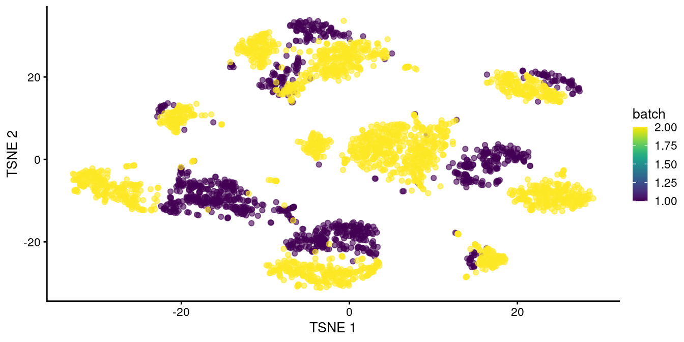 $t$-SNE plot of the two pancreas datasets after correction with `rescaleBatches()`. Each point represents a cell and is colored according to the batch of origin.