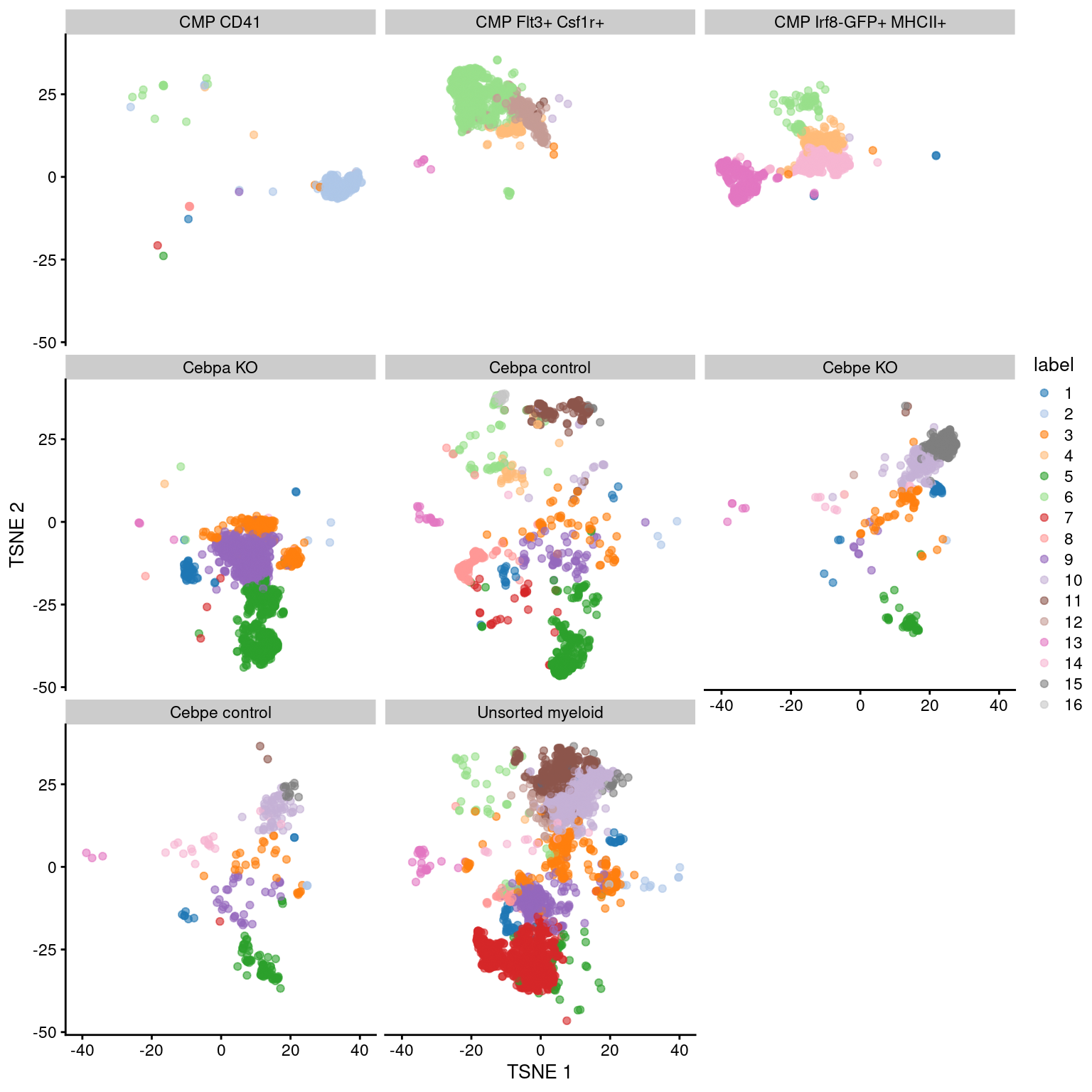 Obligatory $t$-SNE plot of the Paul HSC dataset faceted by the treatment condition, where each point represents a cell and is colored according to the assigned cluster.