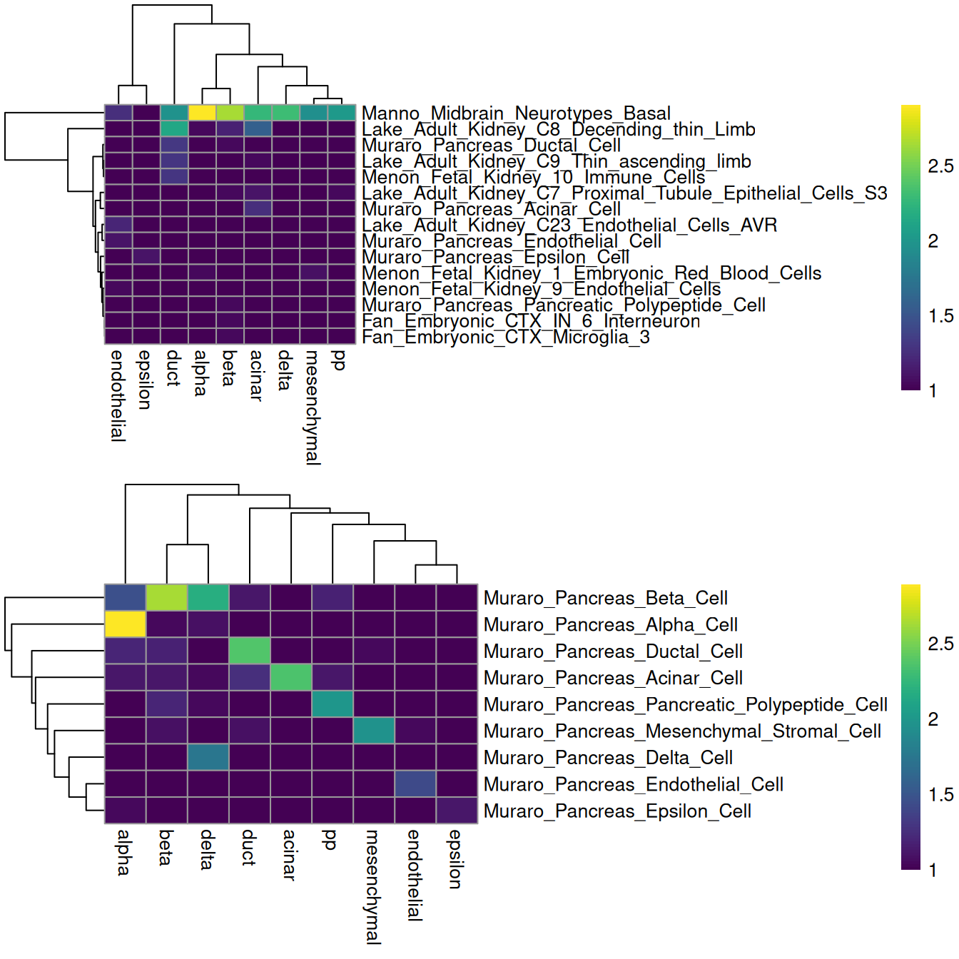 Heatmaps of the log-number of cells with each combination of known labels (columns) and assigned MSigDB signatures (rows) in the Muraro data set. The signature assigned to each cell was defined as that with the highest AUC across all (top) or all pancreas-related signatures (bottom).