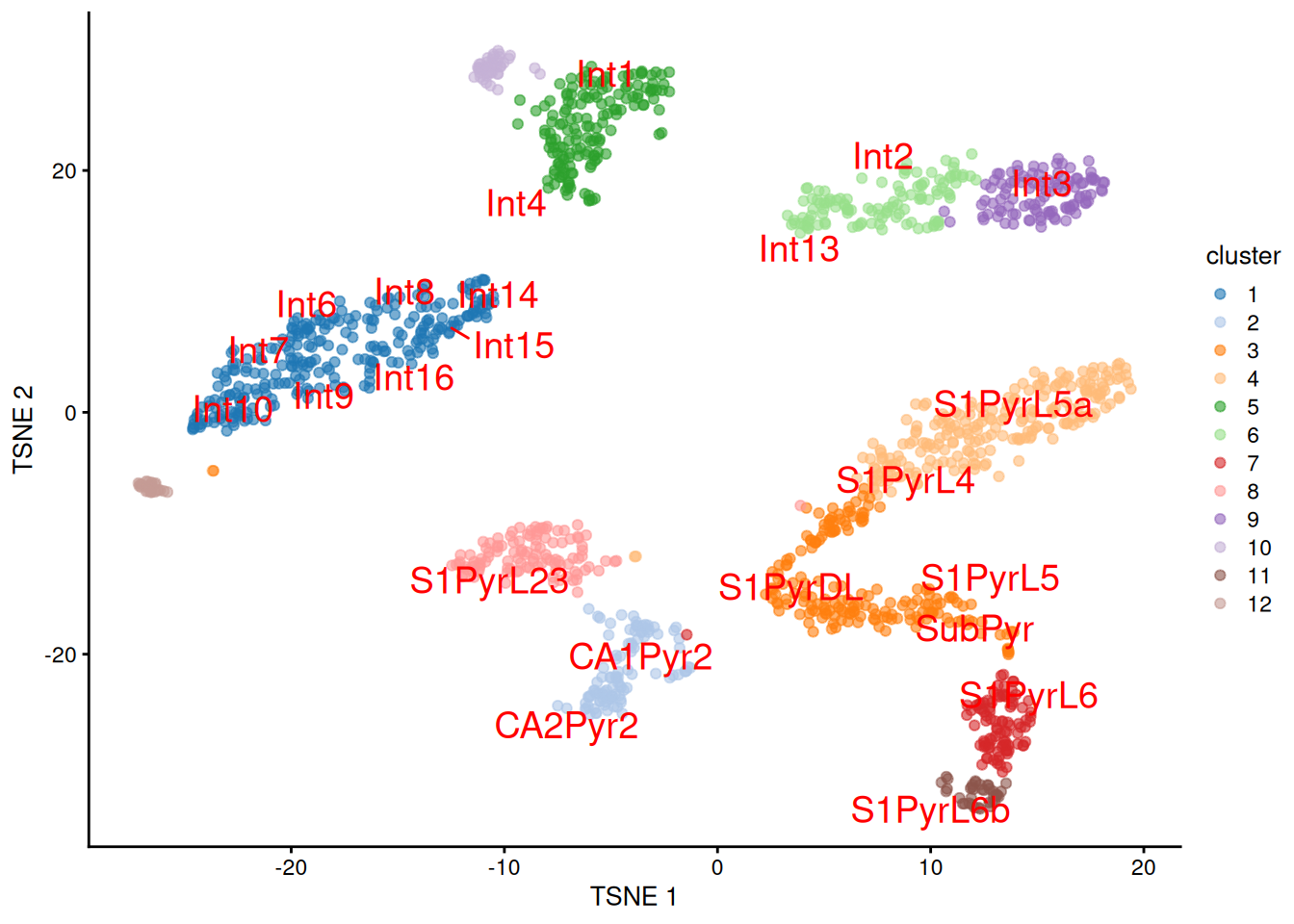 $t$-SNE plot of the Tasic dataset, where each point is a cell and is colored by the assigned cluster. Reference labels from the Zeisel dataset are also placed on the median coordinate across all cells assigned with that label.