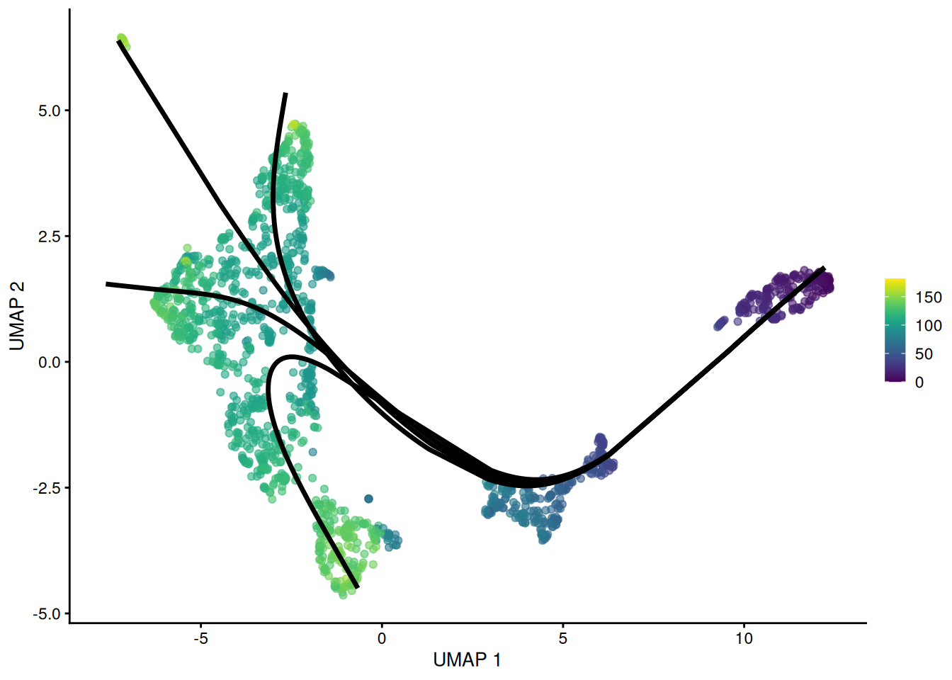 UMAP plot of the Nestorowa HSC dataset where each point is a cell and is colored by the average _slingshot_ pseudotime across paths. The principal curves fitted to each lineage are shown in black.