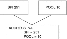 Shows that an SPI of 251 and POOL of 10 correspond to the same SPI and POOL numbers in the ADDRESS NAI section.