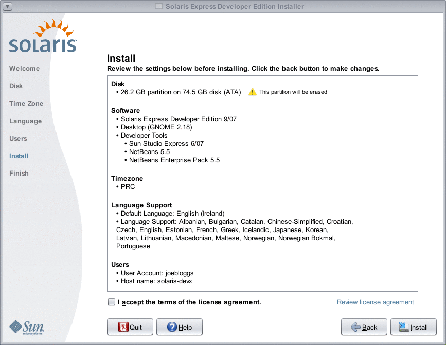 This panel enables you to review and confirm installation specifications and the license agreement.