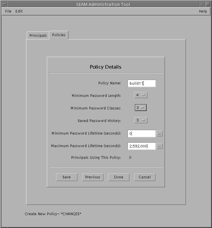 Dialog box titled SEAM Administration Tool shows policy details of the build11 policy. Shows Save, Previous, Done, and Cancel buttons.